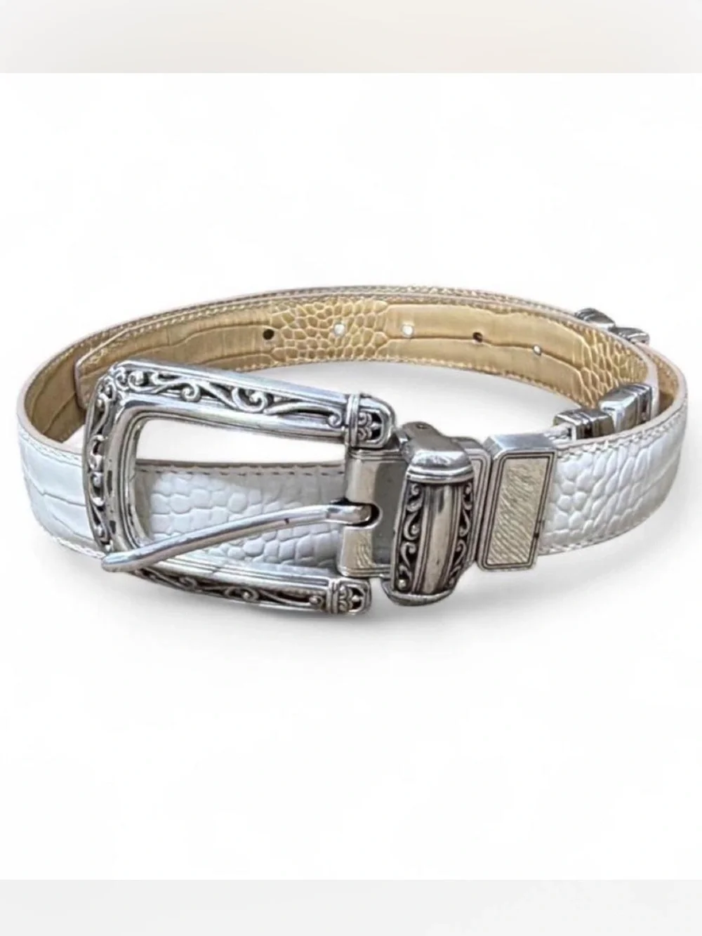 VTG Brighton Reversible White & Tan Croc-Embossed Belt with Silver Buckle M/30